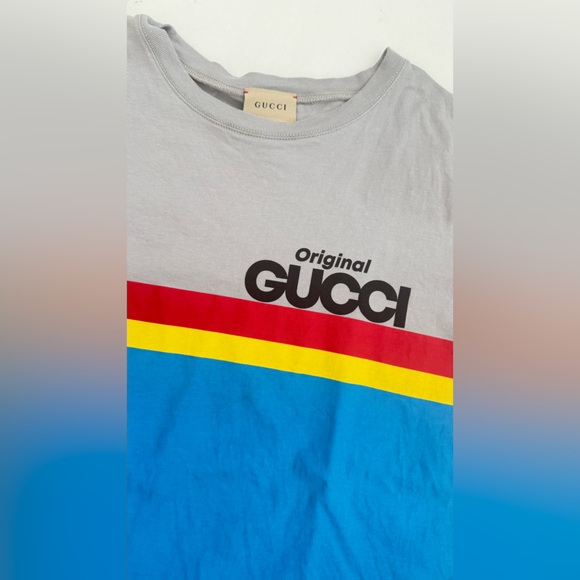 Gucci Gray and Blue Short Sleeve Tee with Rainbow Stripes - Picture 3 of 4